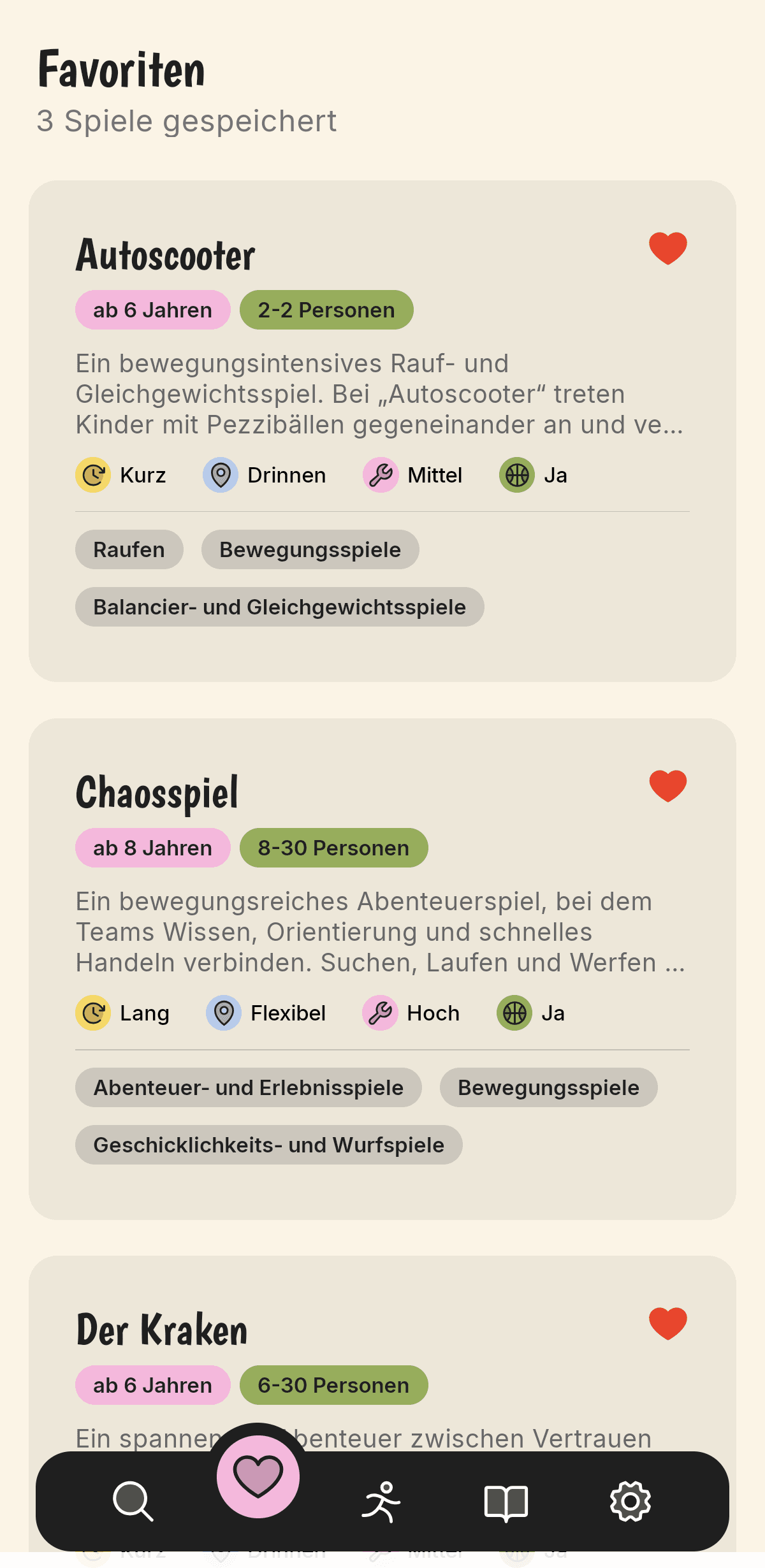 Favoriten-Ansicht der Olimotion App mit gespeicherten Lieblingsspielen