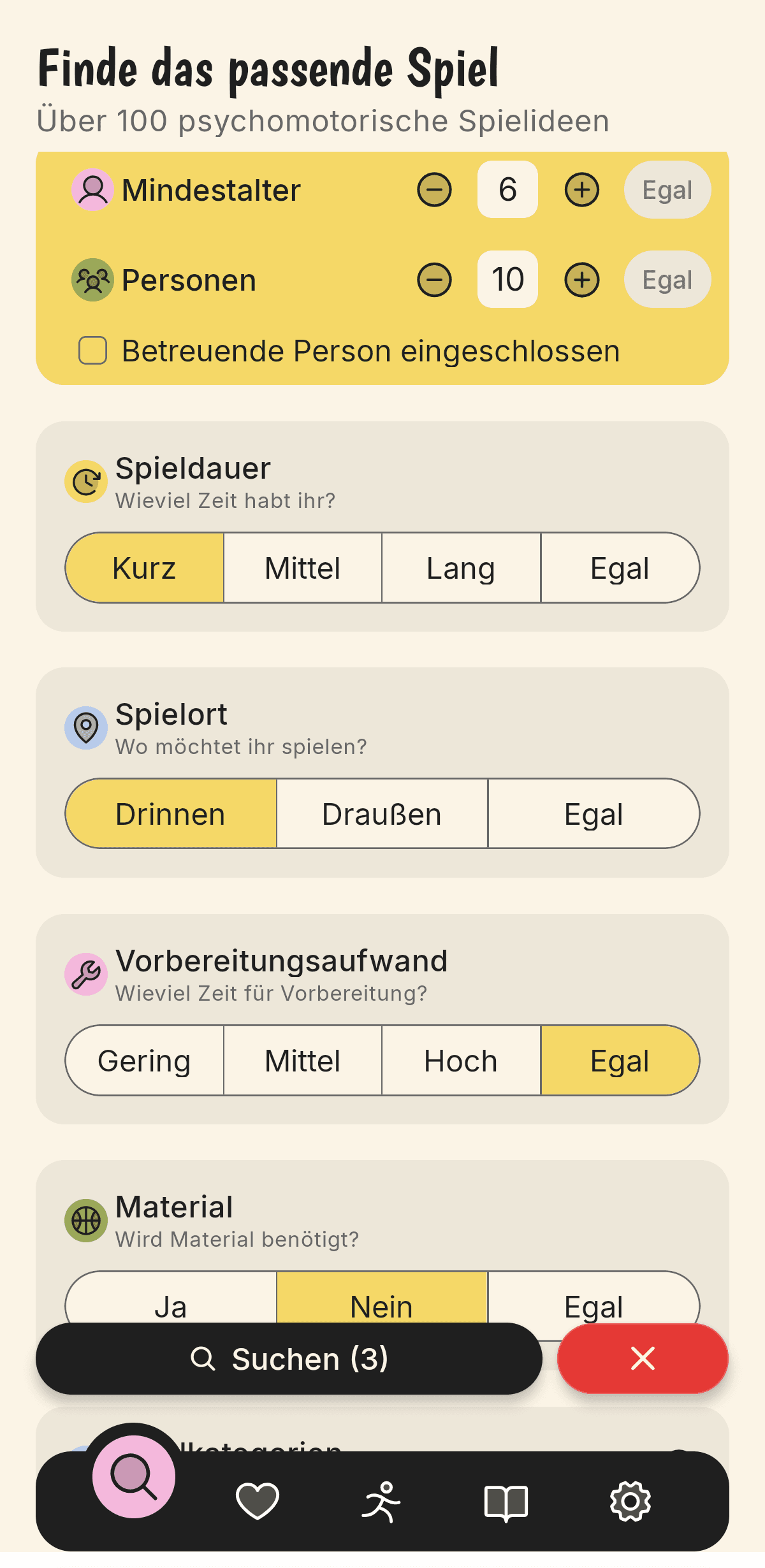 Filter-Ansicht der Olimotion App: Alter, Personen, Spieldauer und Spielort einstellen