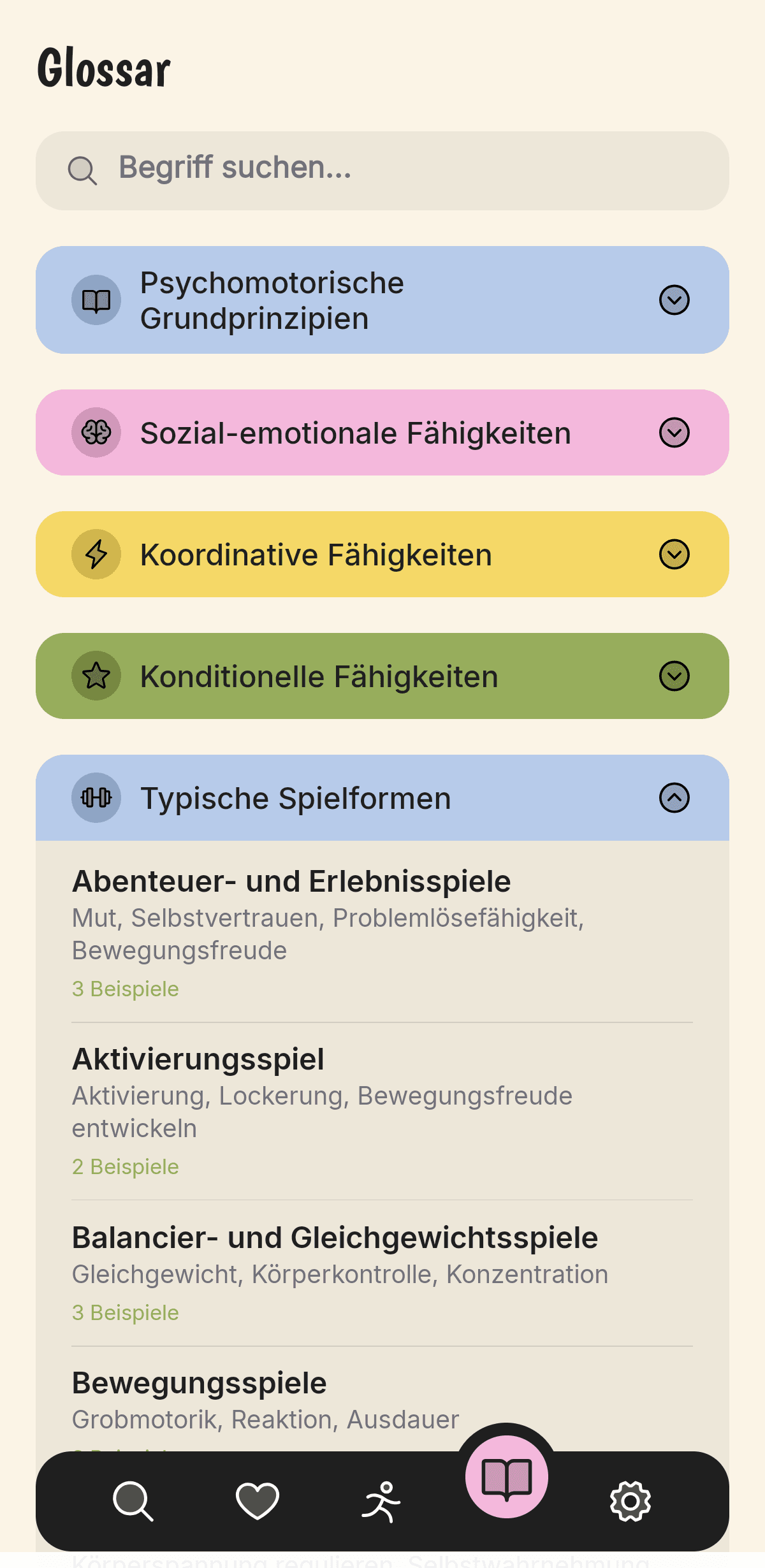Glossar-Ansicht der Olimotion App mit psychomotorischen Fachbegriffen