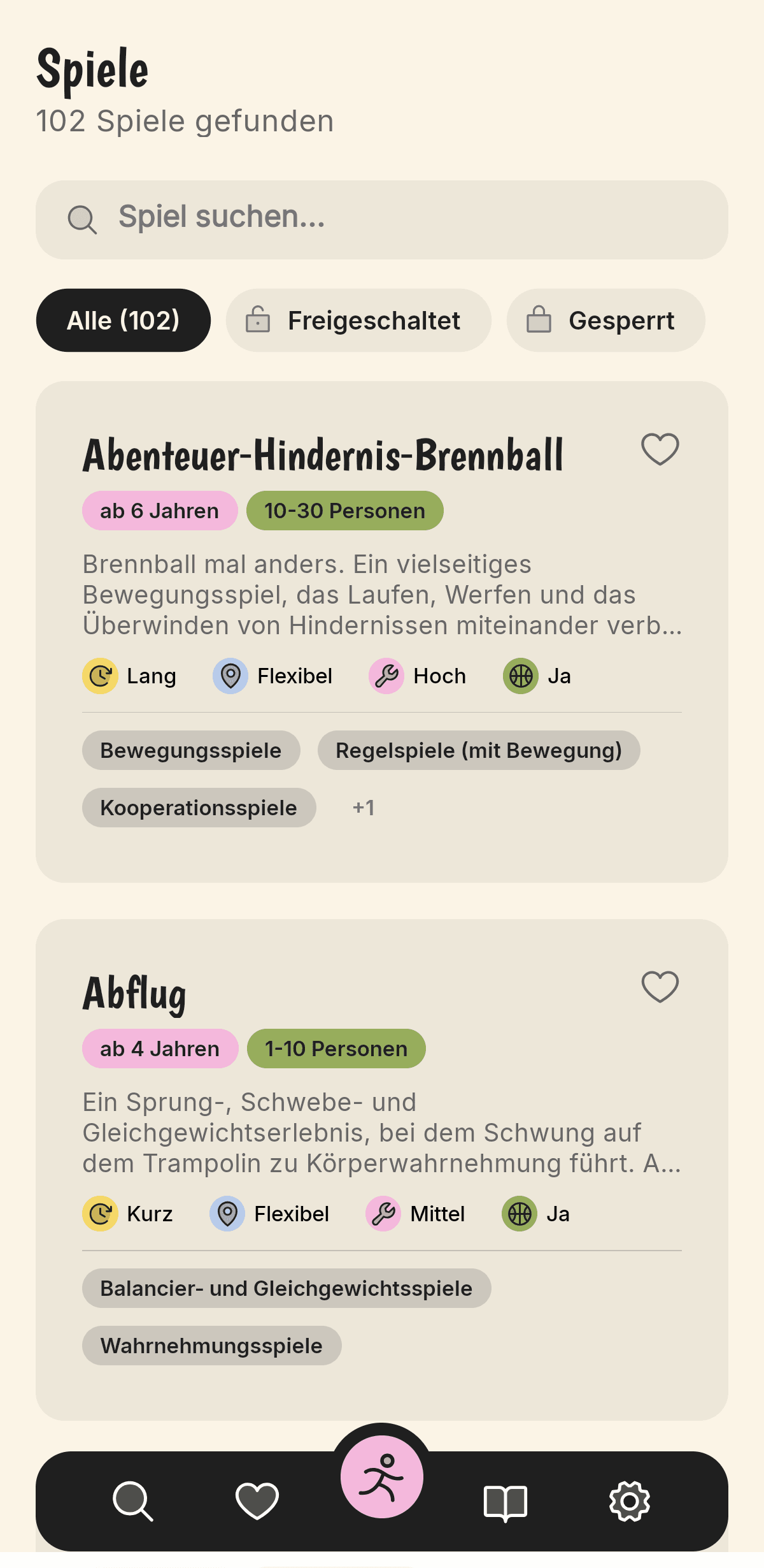 Spielübersicht der Olimotion App mit Filter- und Detailangaben
